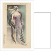 Woman modeling pink evening gown, fur stole and feathered headdress by Anonymous