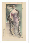 Woman modeling pink evening gown, fur stole and feathered headdress by Anonymous