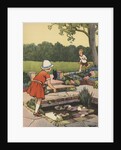 Girl feeding birds at lily pond by Anonymous