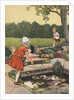 Girl feeding birds at lily pond by Anonymous