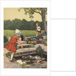 Girl feeding birds at lily pond by Anonymous