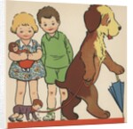 Children watching dog walking doll on leash by Anonymous