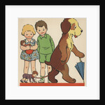 Children watching dog walking doll on leash by Anonymous