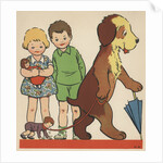 Children watching dog walking doll on leash by Anonymous