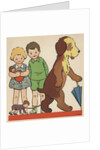 Children watching dog walking doll on leash by Anonymous