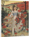 Girl carrying basket with red flowers by Anonymous