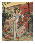 Girl carrying basket with red flowers by Anonymous