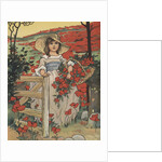 Girl carrying basket with red flowers by Anonymous