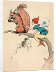 Elf and squirrel sitting on tree branch by Anonymous