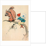 Elf and squirrel sitting on tree branch by Anonymous