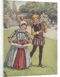Boy and girl in Elizabethan dress carrying flowers by Anonymous