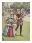 Boy and girl in Elizabethan dress carrying flowers by Anonymous