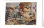Determined looking boy hammering nail by Anonymous