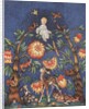 Baby sitting atop bower of trees and flowers by Anonymous