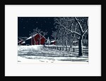 Red Barn in a Snowy Night Landscape by Anonymous