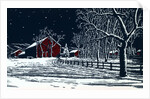 Red Barn in a Snowy Night Landscape by Anonymous