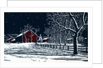 Red Barn in a Snowy Night Landscape by Anonymous