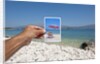 Hand holding photograph depicting deck chair and sunshade, Lumbarda, Korcula island, Croatia by Anonymous