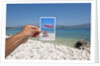 Hand holding photograph depicting deck chair and sunshade, Lumbarda, Korcula island, Croatia by Anonymous