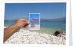 Hand holding photograph depicting deck chair and sunshade, Lumbarda, Korcula island, Croatia by Anonymous