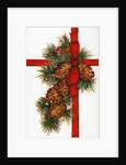 Vintage Illustration of a Christmas Present with Red Ribbon and Pine Cones by Anonymous