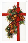 Vintage Illustration of a Christmas Present with Red Ribbon and Pine Cones by Anonymous
