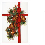 Vintage Illustration of a Christmas Present with Red Ribbon and Pine Cones by Anonymous