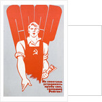 Soviet worker clutching a copy of Pravda and wearing hammer and sickle dungarees by Anonymous