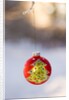 Close-up of golden Christmas tree on red bauble against blurred background by Anonymous