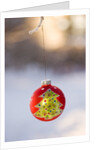 Close-up of golden Christmas tree on red bauble against blurred background by Anonymous