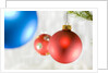 Close-up of hanging red and blue Christmas baubles by Anonymous