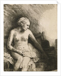 A Woman At The Bath With A Hat Beside Her by Rembrandt van Rijn
