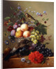 Peaches, Grapes, Plums and Flowers in a Glass vase with a Jay on a Ledge by Arnoldus Bloemers