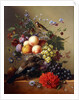 Peaches, Grapes, Plums and Flowers in a Glass vase with a Jay on a Ledge by Arnoldus Bloemers