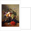 Peaches, Grapes, Plums and Flowers in a Glass vase with a Jay on a Ledge by Arnoldus Bloemers
