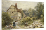 Fowl House Farm, Witley, with Children, a Shepherd and a Flock of Sheep Nearby by Myles Birket Foster
