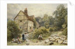 Fowl House Farm, Witley, with Children, a Shepherd and a Flock of Sheep Nearby by Myles Birket Foster