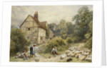 Fowl House Farm, Witley, with Children, a Shepherd and a Flock of Sheep Nearby by Myles Birket Foster