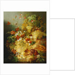 Peaches, Melons and Grapes with Sweet Peas and Poppies on a Stone Ledge by Jan van der Waarden