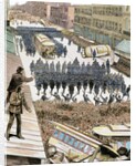 Police officers dispersing the strike of employees of Streetcar in New York, March 4, 1886. Colored by Anonymous