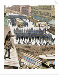 Police officers dispersing the strike of employees of Streetcar in New York, March 4, 1886. Colored by Anonymous