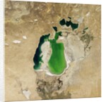 Satellite view of the Aral Sea in 2001, with the 1960 shoreline super-imposed by Anonymous