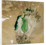 Satellite view of the Aral Sea in 2002, with the 1960 shoreline super-imposed by Anonymous