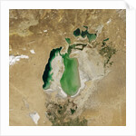 Satellite view of the Aral Sea in 2002, with the 1960 shoreline super-imposed by Anonymous