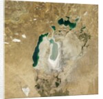Satellite view of the Aral Sea in 2008, with the 1960 shoreline super-imposed by Anonymous