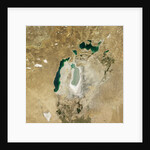 Satellite view of the Aral Sea in 2008, with the 1960 shoreline super-imposed by Anonymous