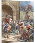 King Wamba (d.687) at the siege of Nimes (673). Colored engraving by Anonymous