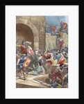 King Wamba (d.687) at the siege of Nimes (673). Colored engraving by Anonymous