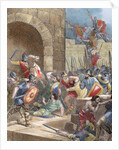 King Wamba (d.687) at the siege of Nimes (673). Colored engraving by Anonymous