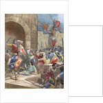 King Wamba (d.687) at the siege of Nimes (673). Colored engraving by Anonymous